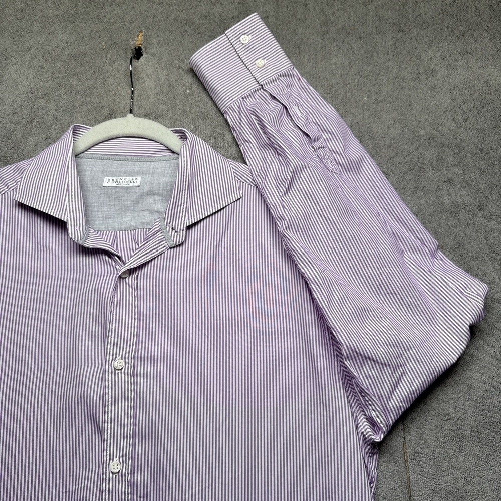 Brunello Cucinelli Dress Shirt Mens XXL Purple‎ Stripe Spread Collar Italy